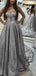 A-line Silver Sequin Long Evening Prom Dresses, Spaghetti Straps Custom Prom Dresses, MR8191