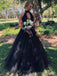 A-line Black Tulle Long Evening Prom Dresses, Deep V Neck Halter Custom Prom Dress, MR8192