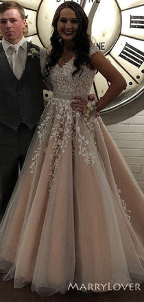 A-line Champagne Tulle Appliques Long Evening Prom Dresses, MR8208