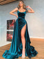 Elegant Teal Velvet Mermaid Pleating High Slit Long Evening Prom Dresses, Spaghetti Straps Custom Prom Dresses, MR8216