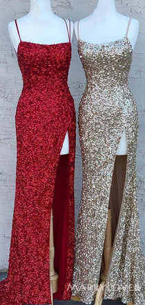 Sheath/Column Red Sequin Long Evening Prom Dresses, Spaghetti Straps Custom Prom Dresses, MR8229