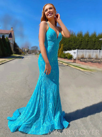 Spaghetti Straps Blue Lace Long Evening Prom Dresses, Mermaid Custom Prom Dress, MR8233