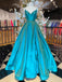A-line Peacock Blue Satin Long Evening Prom Dresses, Spaghetti Straps Custom Prom Dresses, MR8249