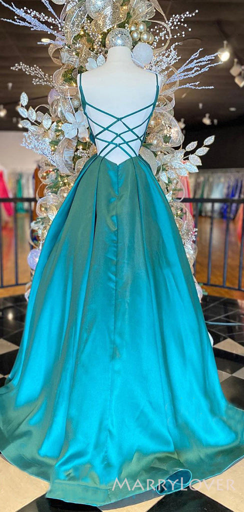 A-line Peacock Blue Satin Long Evening Prom Dresses, Spaghetti Straps Custom Prom Dresses, MR8249