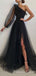 One Shoulder Black Tulle Long Evening Prom Dresses, A-line Long Sleeves Custom Prom Dress, MR8277