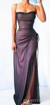 Black Tulle Mermaid Long Evening Prom Dresses, Spaghetti Straps Purple Custom Prom Dresses, MR8298