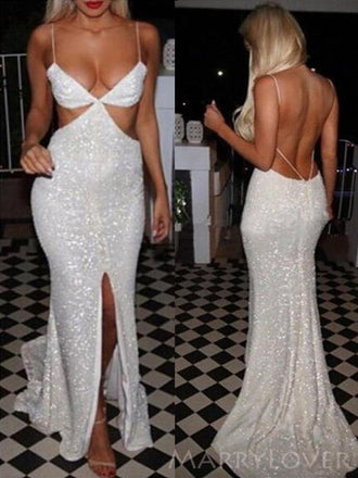 Sexy Backless White Sequin Mermaid Sparkly Long Evening Prom Dresses, Spaghetti Straps Custom Prom Dresses, MR8305