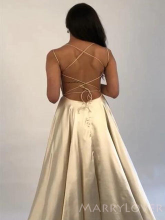 Champagne Satin Spaghetti Straps Long backless Evening Prom Dresses, A-line  High Slit Custom Prom Dresses, MR8318