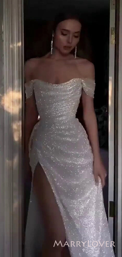 White Sequin Sparkly Off Shoulder A-lin Long Evening Prom Dresses, Custom Side Slit Prom Dress, MR8482