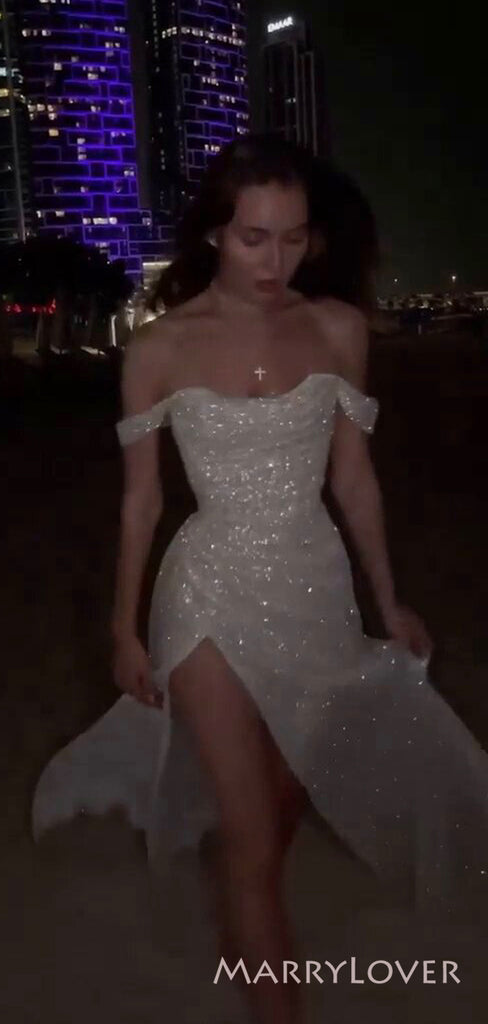 Off Shoulder White A-lin Long Evening Prom Dresses, Custom Side Slit Prom Dress, MR8483