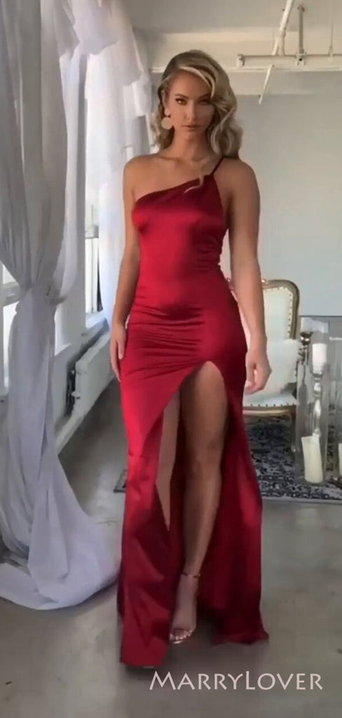 One Shoulder Mermaid Red Satin Spaghetti Straps Long Evening Prom Dresses, Custom Prom Dress, MR8489