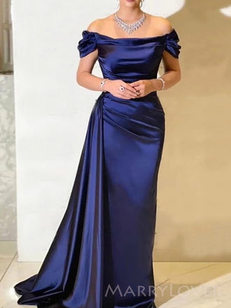 Navy Blue Off Shoulder Satin Mermaid Long Evening Prom Dresses, Custom Prom Dress, MR8512