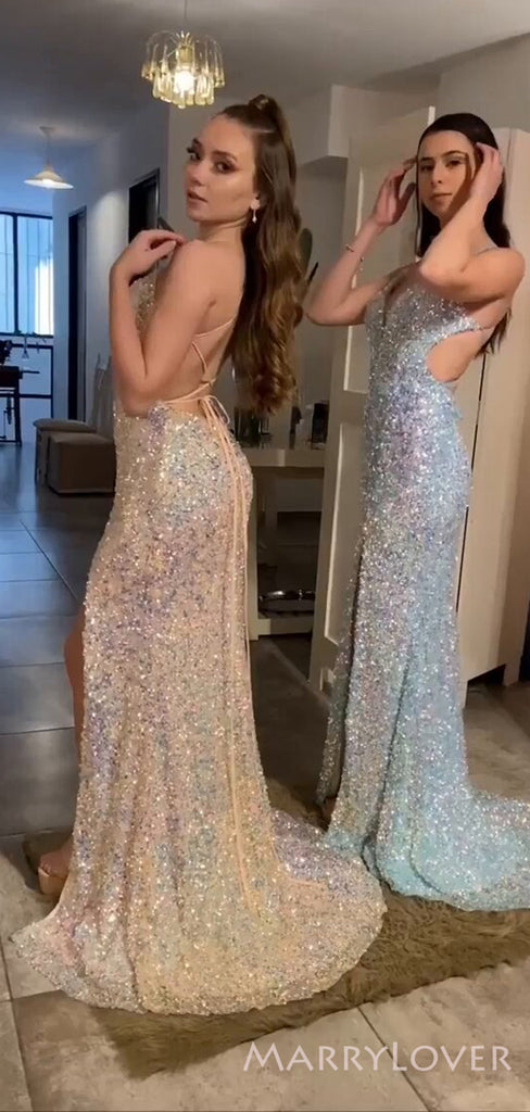 Spaghetti Straps Sequins Mermaid Long Evening Prom Dresses, Custom Prom Dress, MR8514