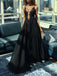 Deep V-neck Spaghetti Straps Black Long Evening Prom Dresses, Custom A-line Prom Dress, MR8520