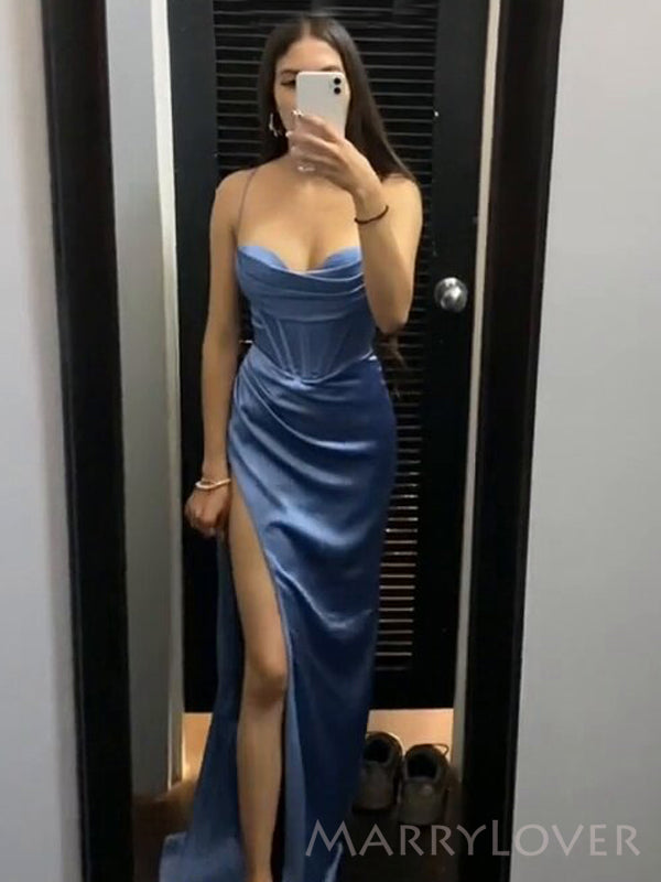 Simple Dusty Blue Satin Spaghetti Straps Long Evening Prom Dresses, Custom Mermaid Prom Dress, MR8528