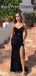 Mermaid Black Sequins Spaghetti Straps Long Evening Prom Dresses, Custom Side Slit Prom Dress, MR8529