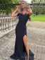 Simple Mermaid Black Strapless Long Evening Prom Dresses, Custom Side Slit Prom Dress, MR8530