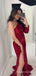 Mermaid Red Sequins One Shoulder Long Evening Prom Dresses, Custom Side Slit Prom Dress, MR8547