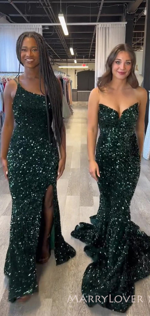 Simple Mermaid Dark Green Sequins Long Evening Prom Dresses, Custom Prom Dress, MR8550