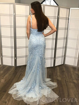 Spaghetti Straps Mermaid Tulle Appliques Long Evening Prom Dresses, Custom Prom Dress, MR8557