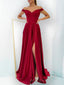 Off Shoulder Red Satin A-line Long Evening Prom Dresses, Custom Side Slit Prom Dress, MR8566