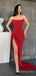 Simple Mermaid Red Satin Strapless Long Evening Prom Dresses, Custom High Slit Prom Dress, MR8568