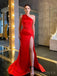 Simple One Shoulder Red Satin Mermaid Long Evening Prom Dresses, Custom Side Slit Prom Dress, MR8575
