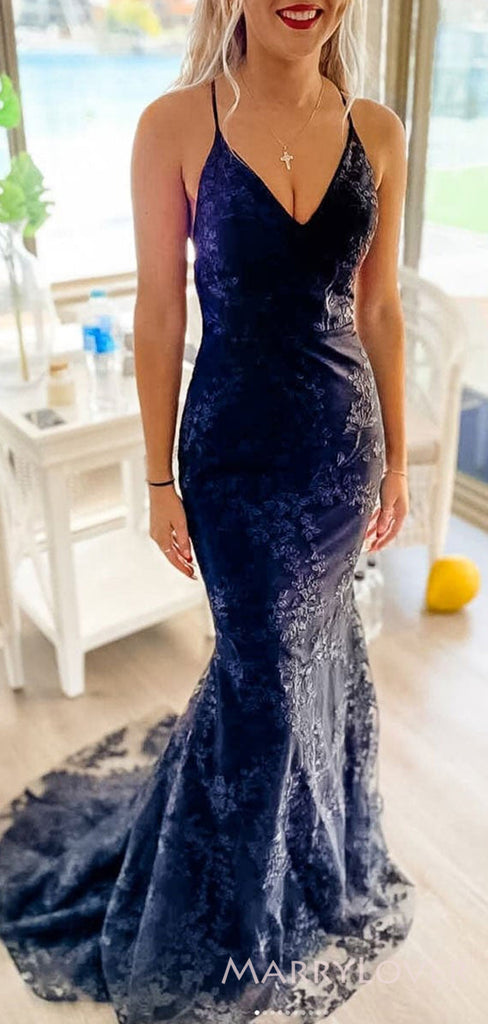 Sexy V-neck Spaghetti Straps Mermaid Lace Long Evening Prom Dresses, Custom Prom Dress, MR8579