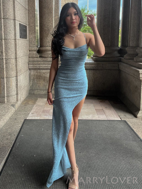 Blue Sheath Spaghetti Straps Mermaid Long Evening Prom Dresses, Custom Prom Dress, MR8580