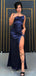 Mermaid Spaghetti Straps Navy Blue Satin Long Evening Prom Dresses, Custom Side Slit Prom Dress, MR8584