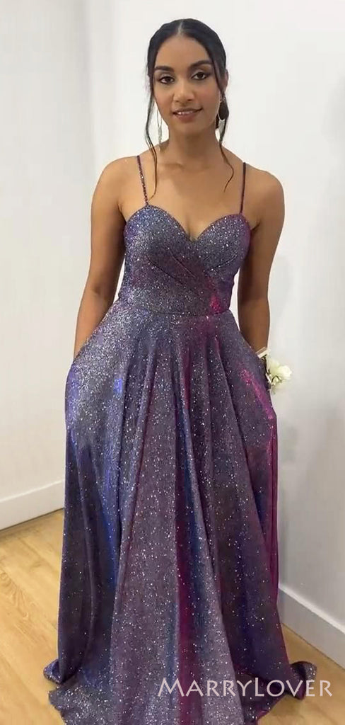 A-line Spaghetti Straps Navy Blue Sparkly Long Evening Prom Dresses, Custom prom Dress, MR8590