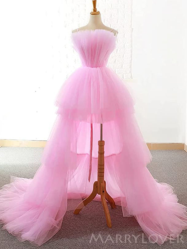 Pink Tulle A-line Strapless High Low Long Evening Prom Dresses, Custom prom Dress, MR8595