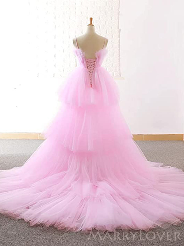 Pink Tulle A-line Strapless High Low Long Evening Prom Dresses, Custom prom Dress, MR8595
