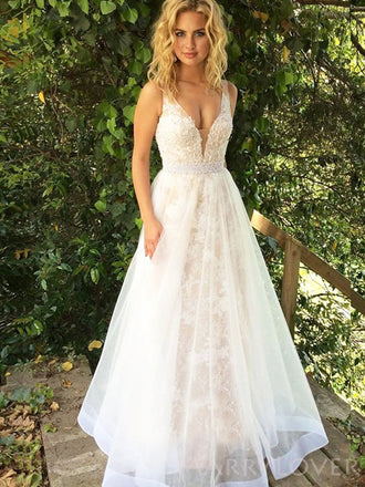 Champagne A-line Tulle Lace Long Evening Prom Dresses, Custom V-neck Prom Dress, MR8599