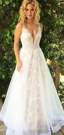 Champagne A-line Tulle Lace Long Evening Prom Dresses, Custom V-neck Prom Dress, MR8599