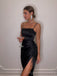 Mermaid Spaghetti Straps Black Satin Long Evening Prom Dresses, Custom Side Slit Prom Dress, MR8604