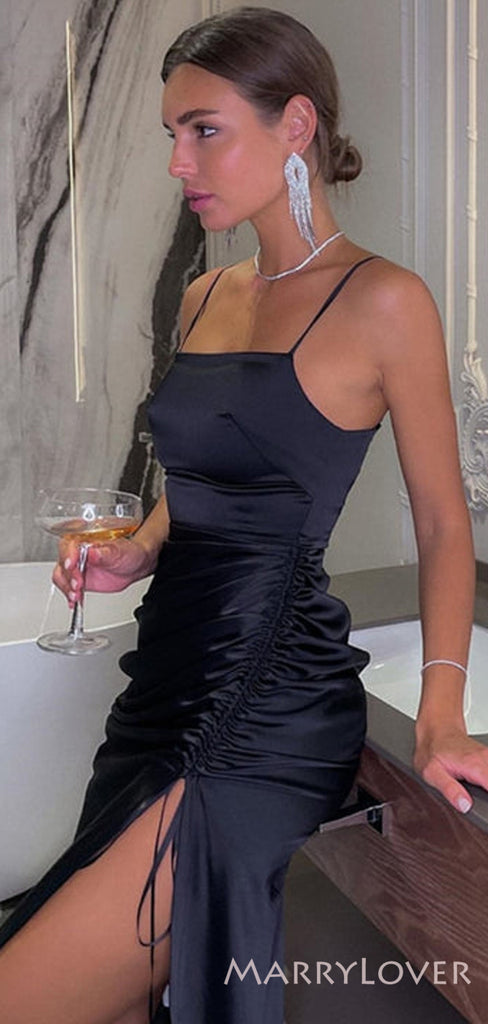 Mermaid Spaghetti Straps Black Satin Long Evening Prom Dresses, Custom Side Slit Prom Dress, MR8604