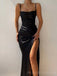 Simple Mermaid Side Slit Black Satin Long Evening Prom Dresses, Custom Spaghetti Straps Prom Dress, MR8608