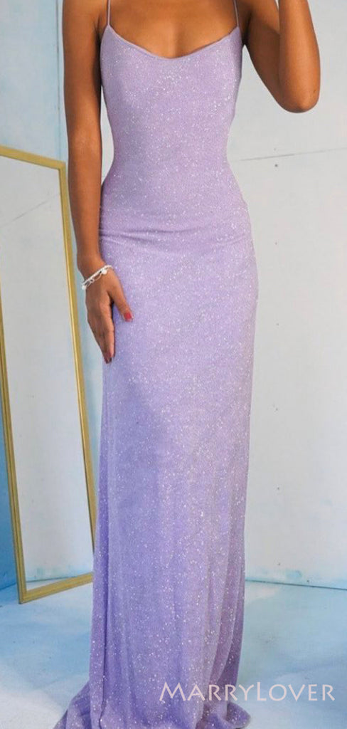 Sheath Lavender Sparkly Mermaid Spaghetti Straps Long Evening Prom Dresses, Custom Prom Dress, MR8610