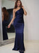 One Shoulder Mermaid Navy Blue Satin Long Evening Prom Dresses, Custom Prom Dress, MR8616