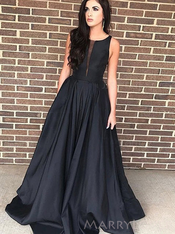 Black Satin A-line Long Evening Prom Dresses, Custom Prom Dress, MR8617