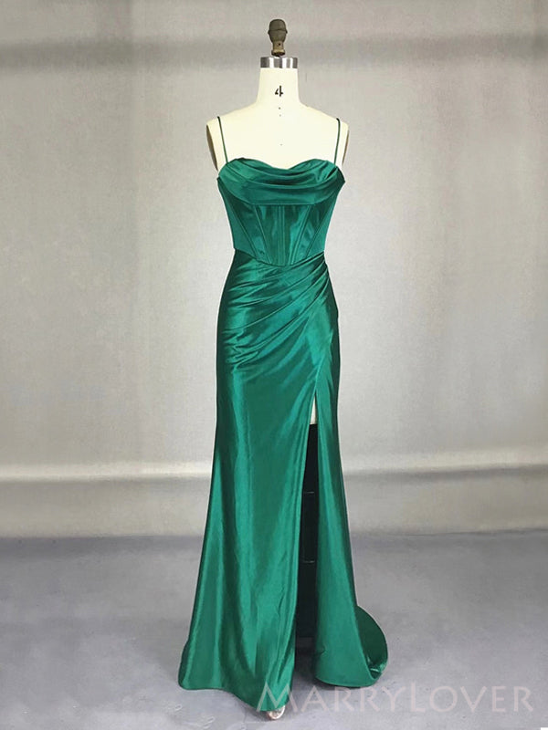 Mermaid Spaghetti Straps Green Satin Long Evening Prom Dresses, Custom High Slit Prom Dress, MR8635