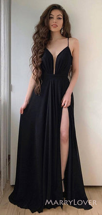 A-line Black Spaghetti Straps Long Evening Prom Dresses, Custom High Slit Prom Dress, MR8640