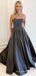 A-line Black Satin Sparkly Strapless Long Evening Prom Dresses, Custom Prom Dress, MR8641