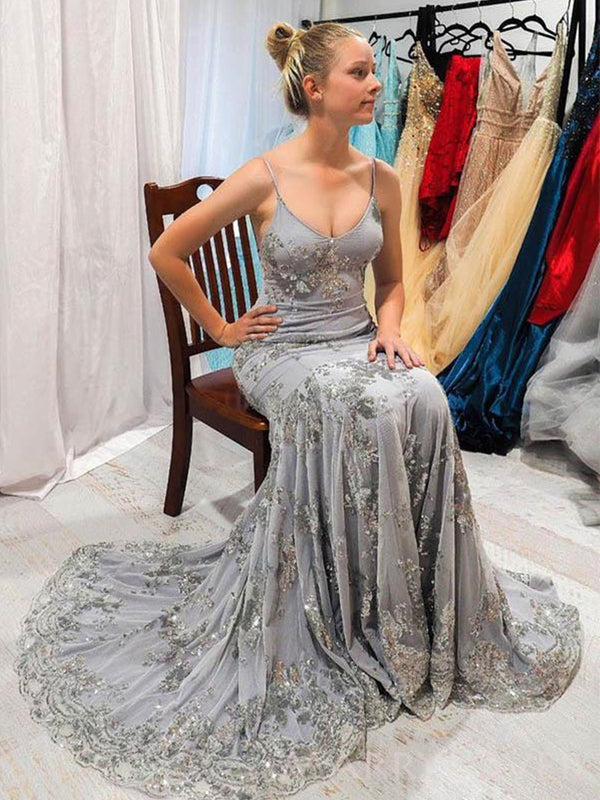 Mermaid Grey Tulle Appliques Spaghetti Straps Long Evening Prom Dresses, Custom Prom Dress, MR8643