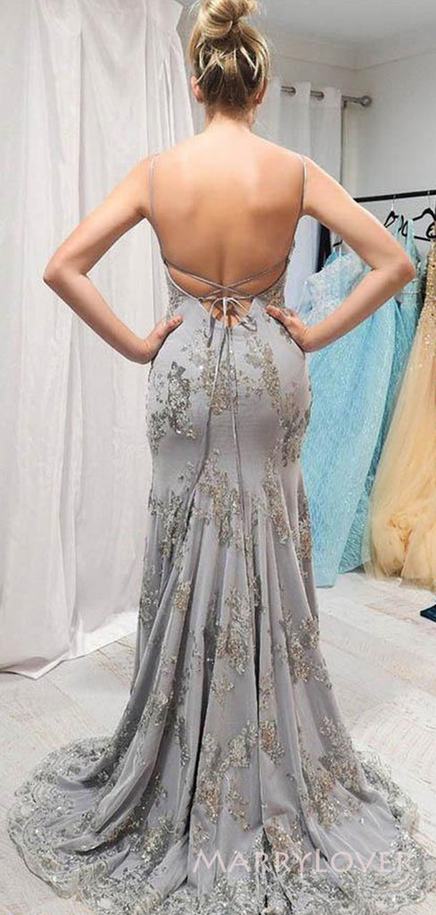 Mermaid Grey Tulle Appliques Spaghetti Straps Long Evening Prom Dresses, Custom Prom Dress, MR8643