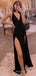 Simple A-line Black Long Evening Prom Dresses, Custom High Slit Prom Dress, MR8645