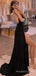 Simple A-line Black Long Evening Prom Dresses, Custom High Slit Prom Dress, MR8645