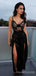 Spaghetti Straps Black Velvet Lace Long Evening Prom Dresses, Custom High Slit Prom Dress, MR8646