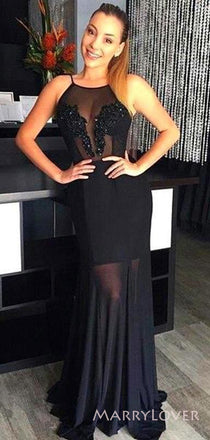 Spaghetti Straps Black Chiffon Beaded Long Evening Prom Dresses, Custom Mermaid Prom Dress, MR8653